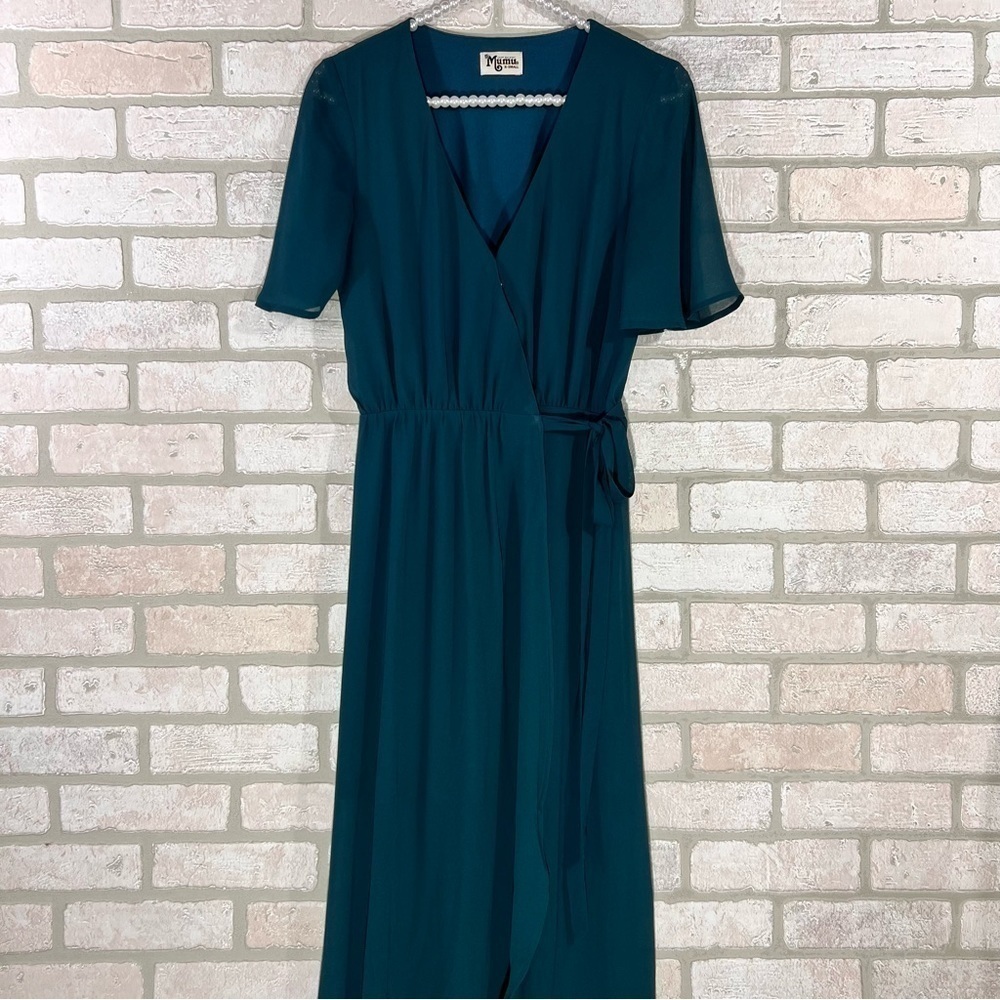 Show Me Your MuMu Sophia Wrap Dress in Deep Jade Chiffon Size XS - Picture 4 of 12